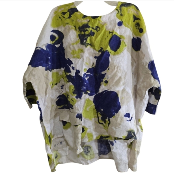 IC By Connie K 100% Linen Lagenlook Blouse Abstract Print Tie Dye Back Bow XXL - Picture 1 of 7